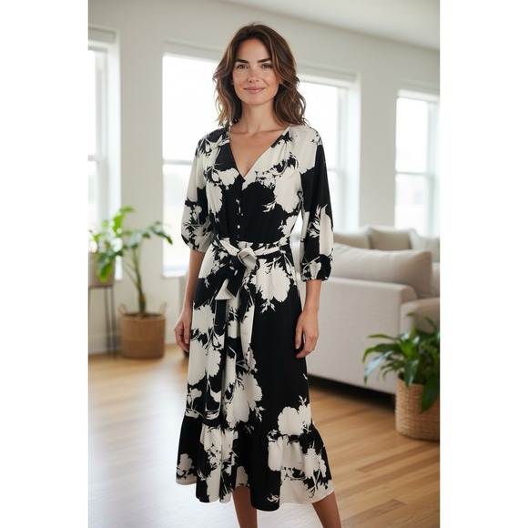 Karl Lagerfeld Womens Floral Print Midi Dress, black Size 8 - Picture 1 of 9